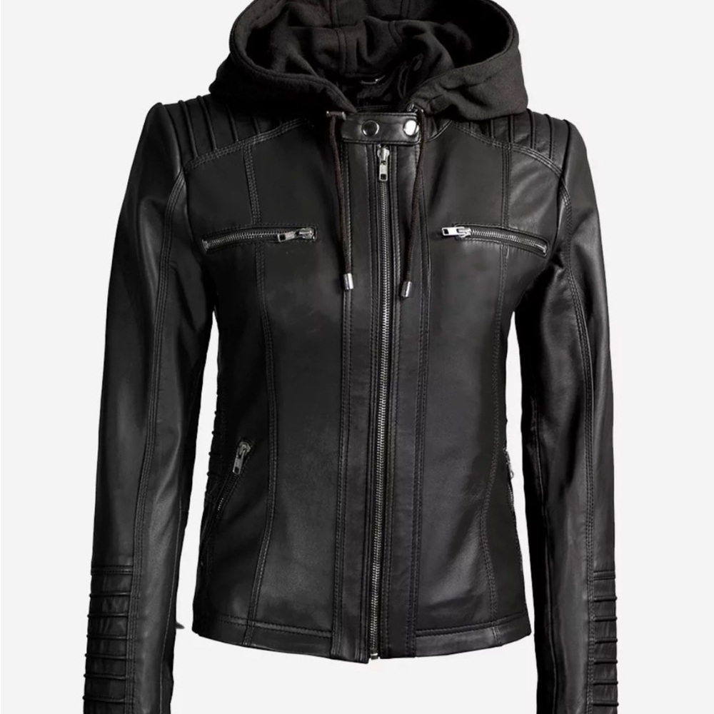 Black Lambskin Leather Hooded Jacket